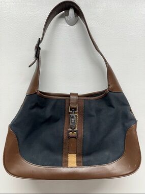 Gucci Jackie Shoulder Bag Purse Vintage Designer Canvas Brown Leather Black 3306